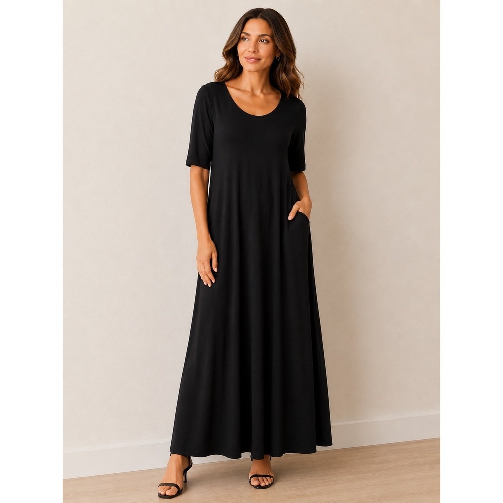 Attitudes by Renee LP Black Maxi A-Line Dress Elbow Sleeve Minimalist Classic